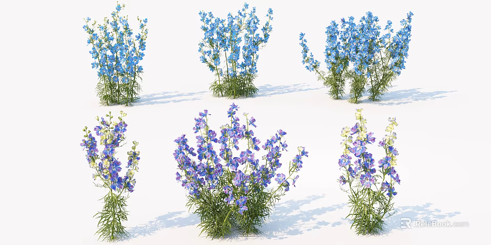 Blue And Purple Flowers With Green Stems In Various Cluster Arrangements 3d model 