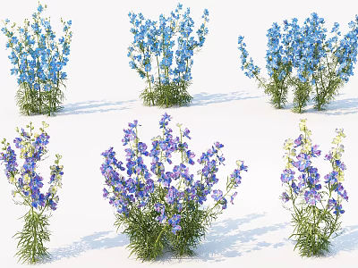 Blue And Purple Flowers With Green Stems In Various Cluster Arrangements 3d model