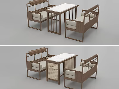 Modern Public Chairs And Table Set With Wooden Design And Cushioned Seats 3d model