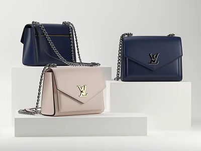 Stylish Leather Bags With Chain Straps Dark Blue Pink Logo On White Display Stands 3d model