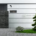 Modern Garden Feature Wall With Gray Concrete Horizontal Lines Black Slatted Panel And Green Plants