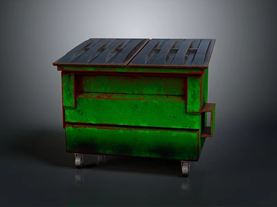 Green Rustic Trash Bin With Black Top And Rolling Wheels 3d model