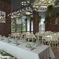 Elegant Restaurant Interior With White Tables Green Plant Decor Hanging Plants And Brick Walls