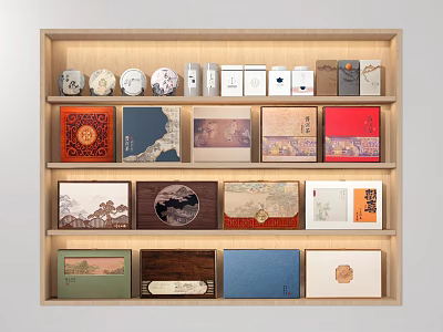 Various Tea Sets Displayed on Wooden Shelf with Traditional Patterns and Multiple Layers 3d model