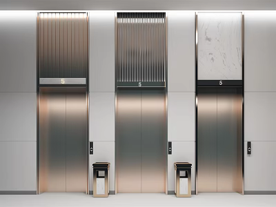 Modern Elevator Lobby With Three Metal Finish Doors Wall Panels And Marble Accents Trash Bins 3d model