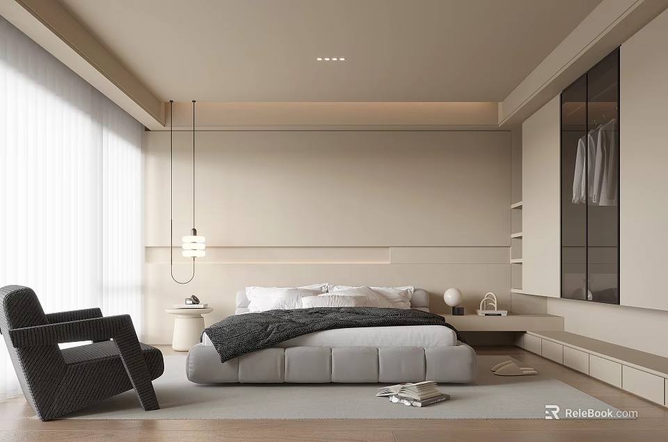 Modern Beige Bedroom Interior With Large Bed Pendant Light Wooden Floor And Chair 3d model 