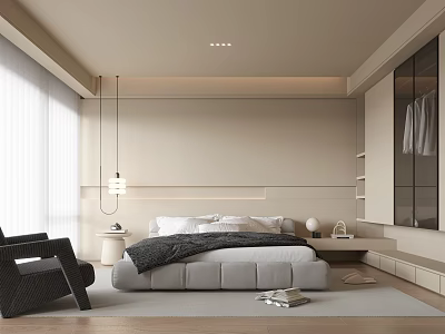 Modern Beige Bedroom Interior With Large Bed Pendant Light Wooden Floor And Chair 3d model