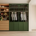 Elegant Walk in Closet Interior With Green Cabinets Glass Doors And Hanging White Shirts