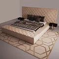 Luxurious Double Bed with Upholstered Headboard Dark Pillows Striped Blanket Nightstands and Geometric Rug