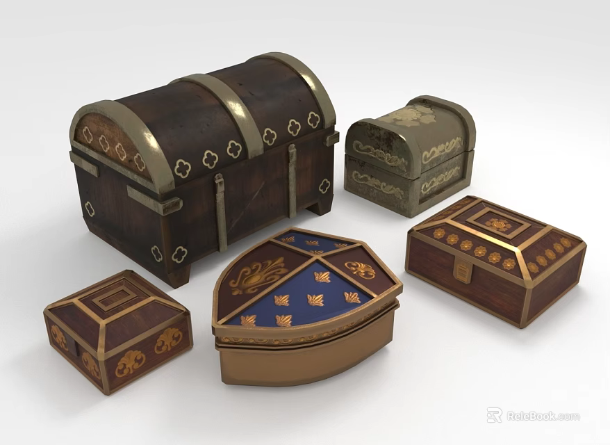 Ornamental Decorative Chest Set With Wooden Bodies Metal Accents And Intricate Patterns 3d model 