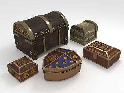 Ornamental Decorative Chest Set With Wooden Bodies Metal Accents And Intricate Patterns 3d model