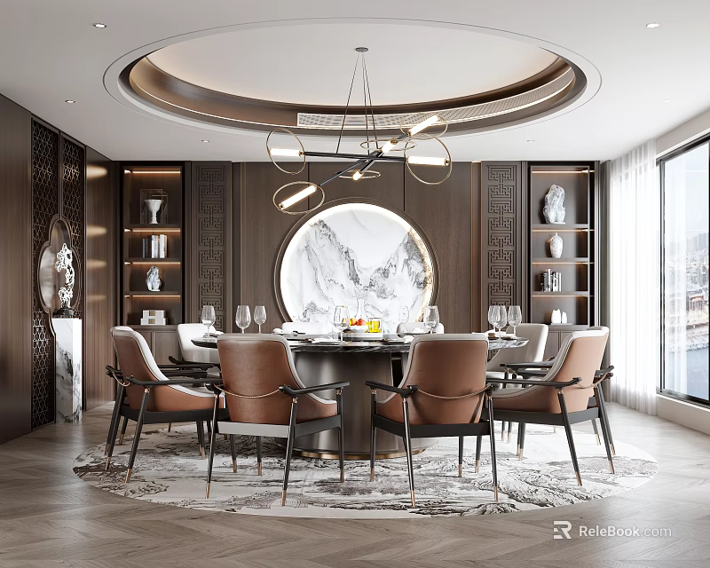 Luxurious Private Dining Room With Round Table And Chandelier 3d model