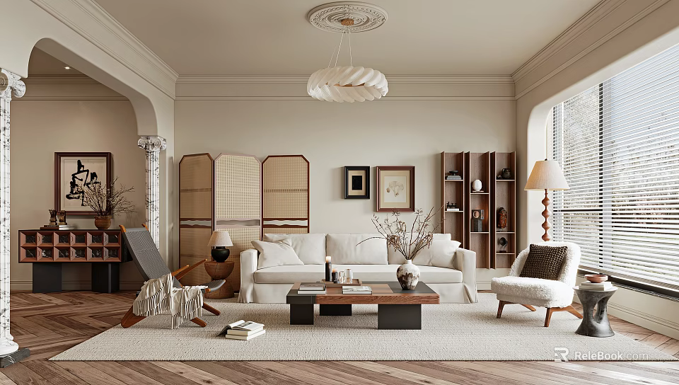 Modern Cozy Living Room Interior With White Sofa Coffee Table Area Rug And Framed Art 3d model 