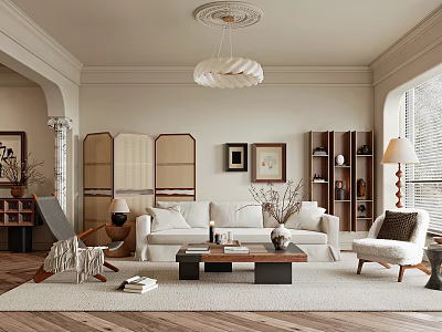 Modern Cozy Living Room Interior With White Sofa Coffee Table Area Rug And Framed Art 3d model