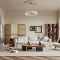 Modern Cozy Living Room Interior With White Sofa Coffee Table Area Rug And Framed Art