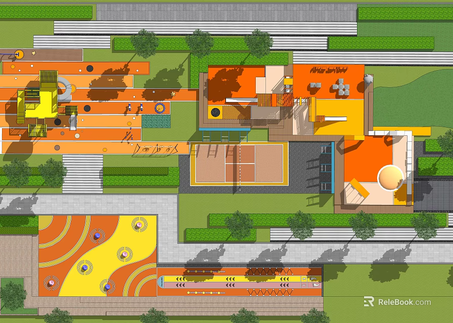 Colorful Kids Play Area With Play Equipment Greenery Seating And Sports Court 3d model 