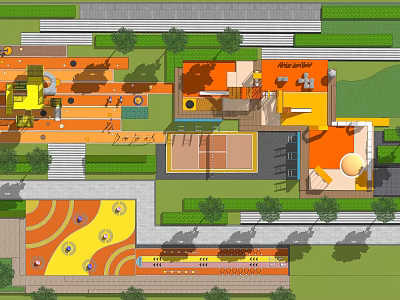 Colorful Kids Play Area With Play Equipment Greenery Seating And Sports Court 3d model