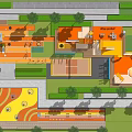 Colorful Kids Play Area With Play Equipment Greenery Seating And Sports Court