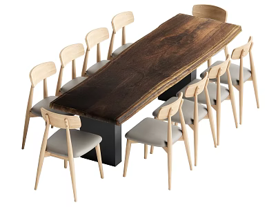 Modern Minimalist Dining Table Set With Dark Wooden Table And Light Wood Gray Cushion Chairs 3d model