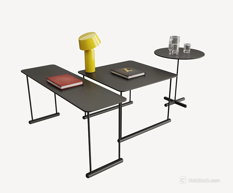 Black Coffee Tables with Rectangular and Round Designs Featuring Book Magazine Glasses and Yellow Lamp 3d model 