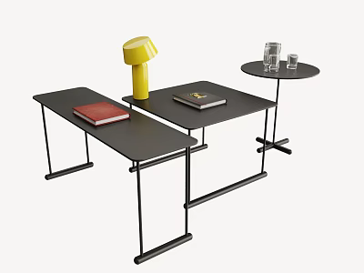 Black Coffee Tables with Rectangular and Round Designs Featuring Book Magazine Glasses and Yellow Lamp 3d model