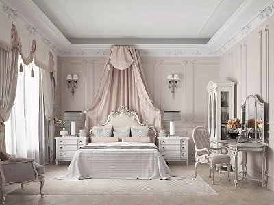 Kids Bedroom With Pink Walls Canopy Bed Nightstands Dressing Table And Chair 3d model