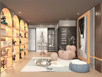 Cozy Entertainment Room With Arched Bookshelves Striped Armchairs Bean Bag Chair And Decorative Elements 3d model
