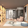 Cozy Entertainment Room With Arched Bookshelves Striped Armchairs Bean Bag Chair And Decorative Elements