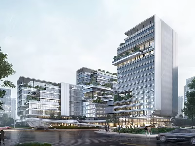 Modern Multi storey Industrial Factory Building With Greenery And Glass Curtain Walls 3d model