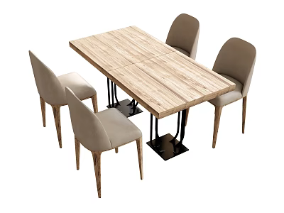 Modern Dining Table and Chairs Set With Wooden Top Metal Legs and Beige Upholstered Seats 3d model
