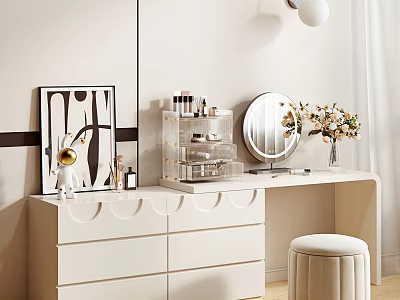 Modern White Dressing Table With Transparent Storage Organizers Round Mirror And Padded Stool 3d model