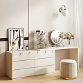 Modern White Dressing Table With Transparent Storage Organizers Round Mirror And Padded Stool 3d model