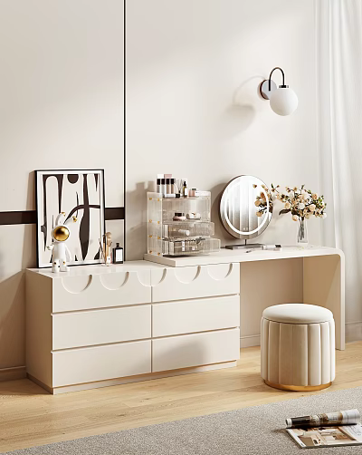 Modern White Dressing Table With Transparent Storage Organizers Round Mirror And Padded Stool 3d model