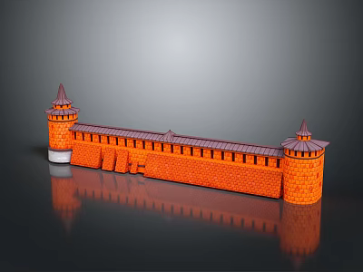 Orange Castle Model With Towers Gray Roofs White Base And Reflection On Black Surface 3d model