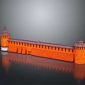Orange Castle Model With Towers Gray Roofs White Base And Reflection On Black Surface 3d model
