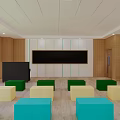 Kindergarten Activity Room With Wooden Walls Musical Notes Harp Pattern And Colorful Square Cushions