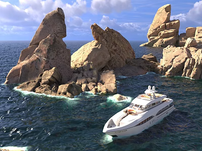 Scenic Rocky Ocean Landscape With Large Rocks White Yacht And Cloudy Sky 3d model