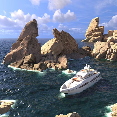 Scenic Rocky Ocean Landscape With Large Rocks White Yacht And Cloudy Sky 3d model