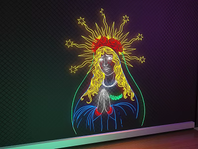 Colorful Neon Decorative Light With Female Figure Star Crown And Praying Hands On Dark Wall 3d model