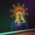 Colorful Neon Decorative Light With Female Figure Star Crown And Praying Hands On Dark Wall