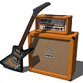 Classic Electric Guitar With Orange Amplifiers And Musical Instrument Gear