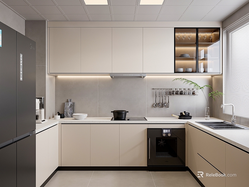 Modern Kitchen With Beige Cabinets Gray Refrigerator Oven Sink And Window Shelves With Bowls 3d model 