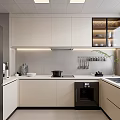 Modern Kitchen With Beige Cabinets Gray Refrigerator Oven Sink And Window Shelves With Bowls