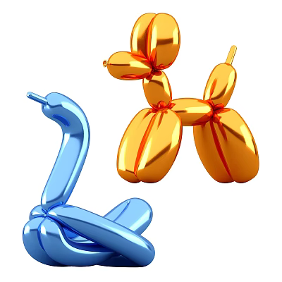 Creative Balloon Animal Sculptures Featuring Shiny Blue Snake And Golden Dog Designs 3d model