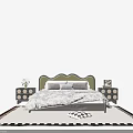 Retro Aesthetic Double Bed With Wavy Olive Green Upholstered Headboard And Matching Dark Bedside Cabinets