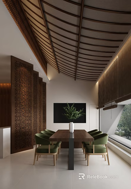 Modern Chinese Hotel Public Lounge Area With Wooden Lattice Ceiling And Green Seats 3d model 
