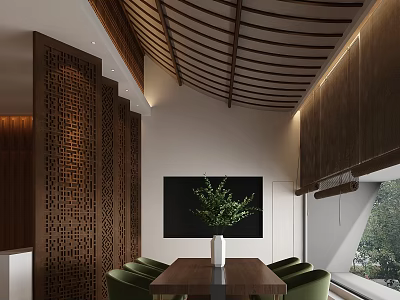Modern Chinese Hotel Public Lounge Area With Wooden Lattice Ceiling And Green Seats 3d model