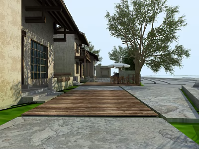 Traditional Guesthouse Building With Wooden Walkway Stone Pavement And Outdoor Seating 3d model