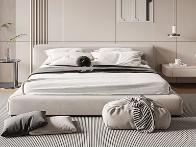 Modern Double Bed with Beige Headboard White Bedding Side Table Plant Striped Rug and Ottoman 3d model