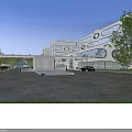 Modern Hospital Building Exterior At Night With Illumination Circular Windows Parking Lot And Green Plants